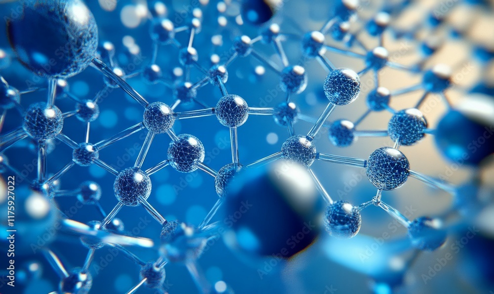 Poster an illustration of crystals and spheres with small particles. molecular grid. 3d illustration. futur