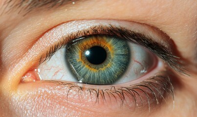 Fototapeta premium An up-close view of an eye affected by heterochromia, a condition where parts of the iris are different colors.
