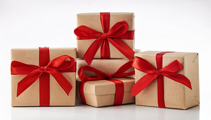 present packing containers with the crimson ribbons in eco paper remoted on the white history