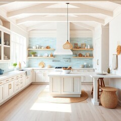 Fototapeta premium Kitchen interior design. Coastal style kitchen interior design. Architecture interior. Coastal interior. Coastal style.