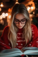 Young Woman in Glasses Reading a Book in Cozy Ambient Lighting