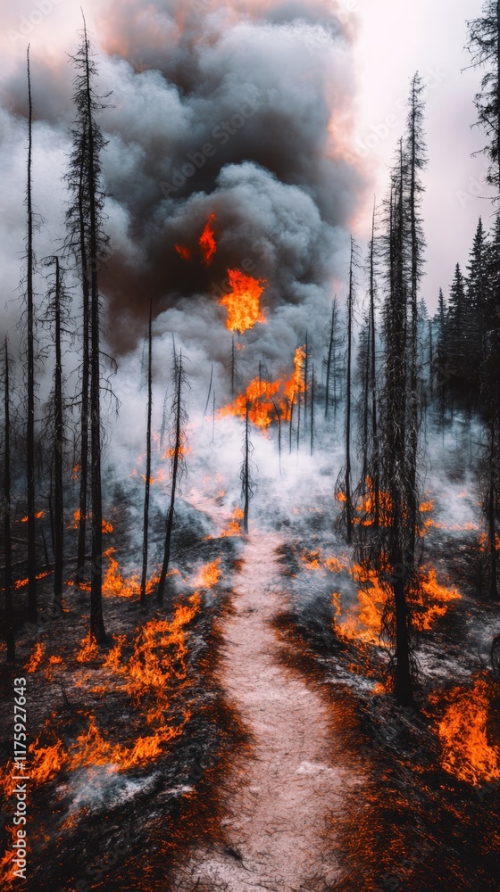 Poster wildfire burning intensely in a forest, creating a dramatic scene of destruction and smoke filling t