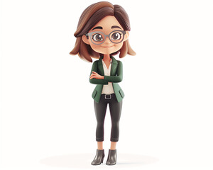 Professional Cartoon Woman in Business Attire Illustration - Confident Woman Character with Glasses and Green Jacket