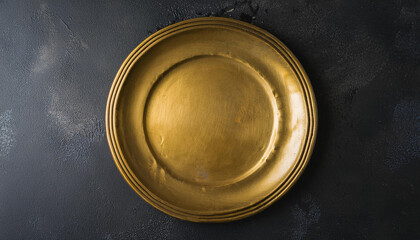 Vintage golden flat plate on dark cement surface. Top view.