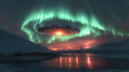 A massive alien UFO hovers under vibrant northern lights in a snowy Arctic landscape showing an extraterrestrial flying saucer hovering above earth