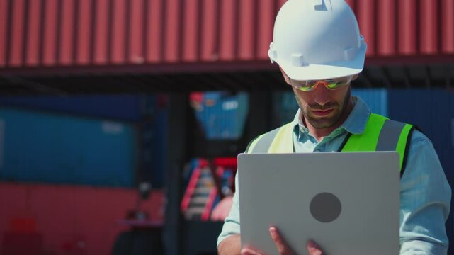 Engineer dock worker in protective safety vestand with hardhat and use laptop computer at cargo container shipping warehouse. transportation import,export logistic industrial