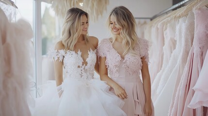 Bridesmaid and bride-to-be enjoying a joyful day while exploring wedding dress options