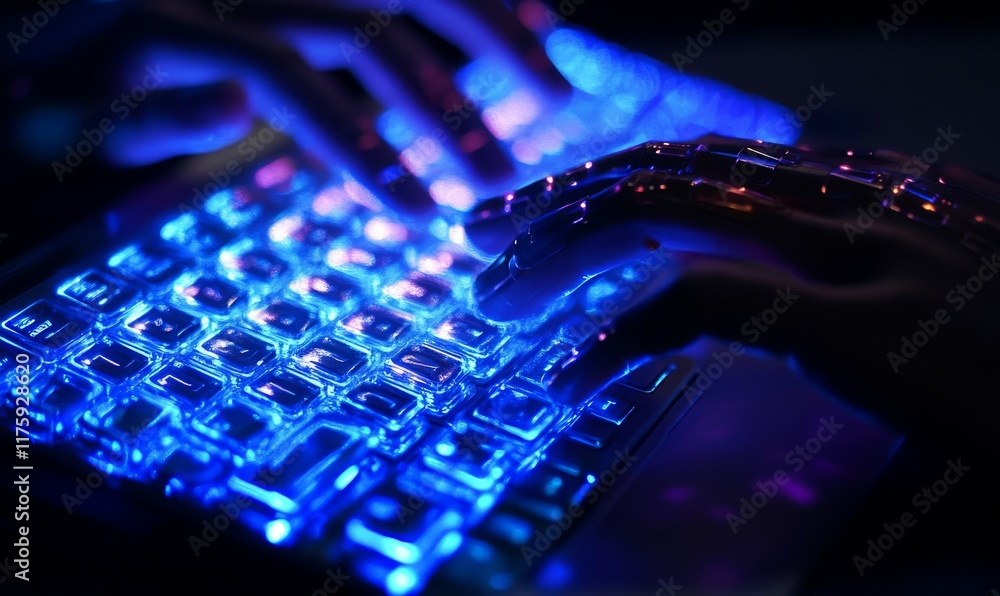 Poster automated intelligence at work, robotic hand typing on illuminated keyboard signifying ai integratio