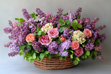 A basket arrangement of lilacs, roses, and hydrangeas, perfect for a spring wedding centerpiece