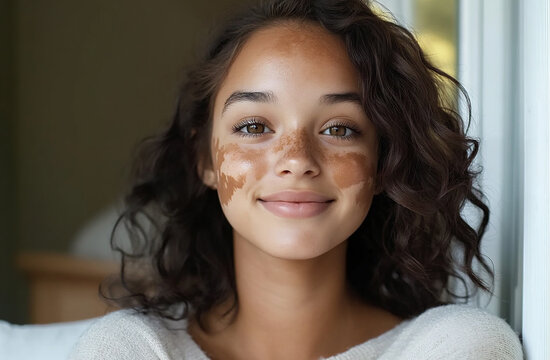 An elderly man with vitiligo looking contemplative, his face lit by soft evening light
