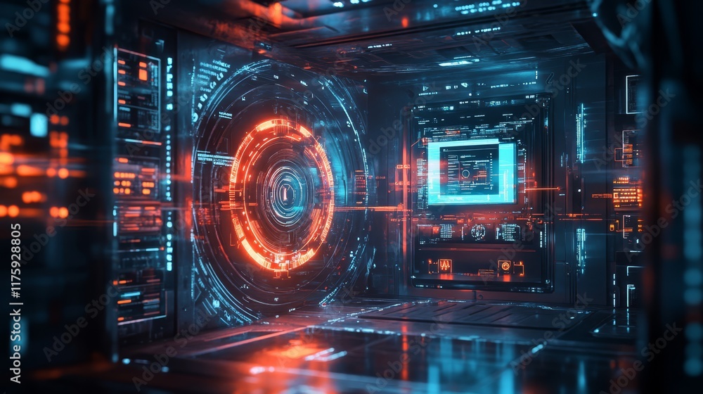 Aufkleber exploring a futuristic digital vault with holographic screens and encryption symbols in a high-tech 