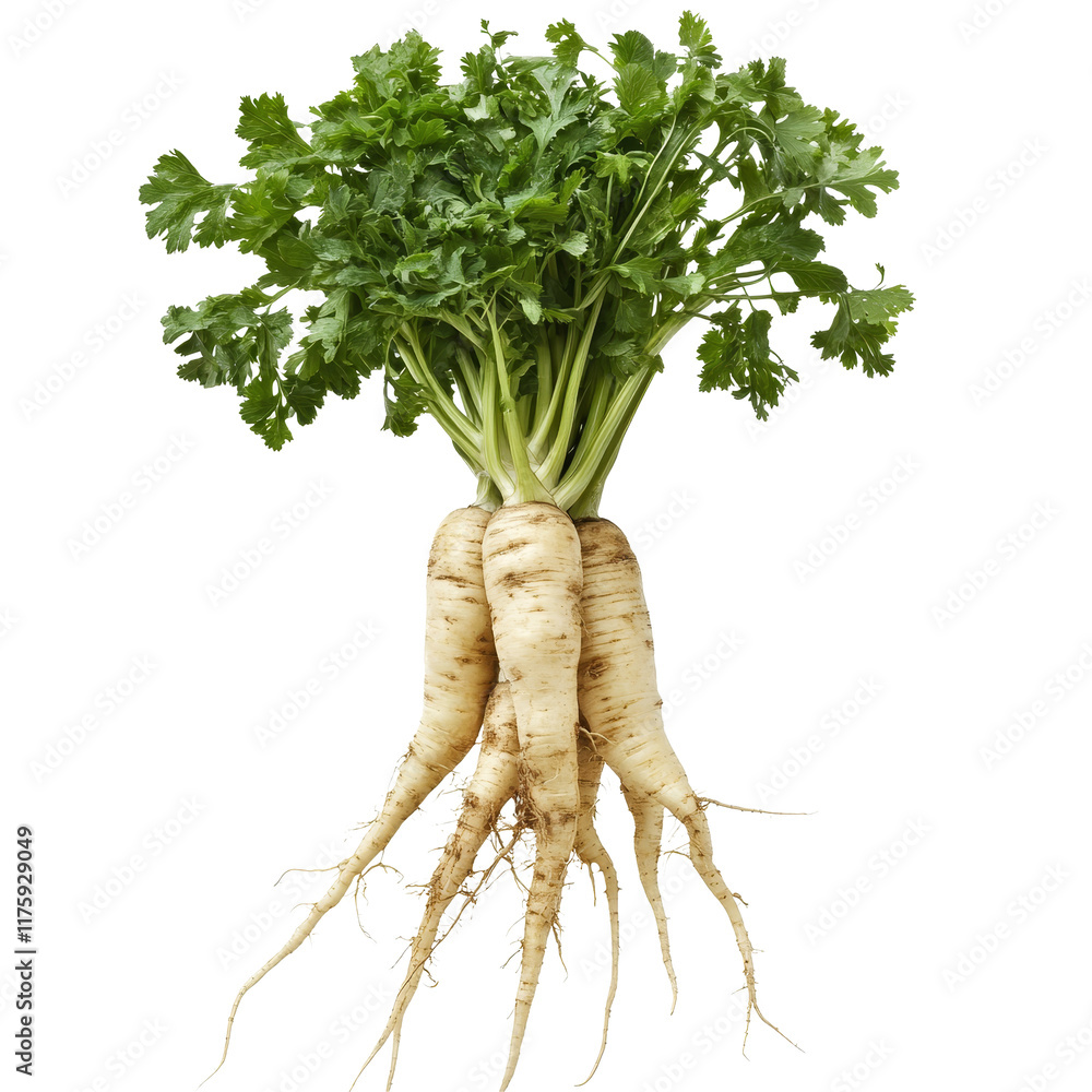 Poster fresh parsnip roots with vibrant green tops displayed on a transparent background, parsnip roots on 