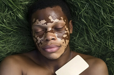 A person with vitiligo lying on their side in a grassy field, arms exposed
