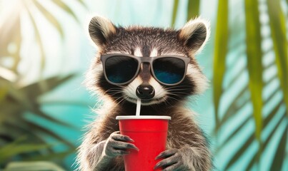 Fototapeta premium Adorable raccoon donning shades, holding a beverage, having a great time on vacation, featuring a studio banner with room for text.