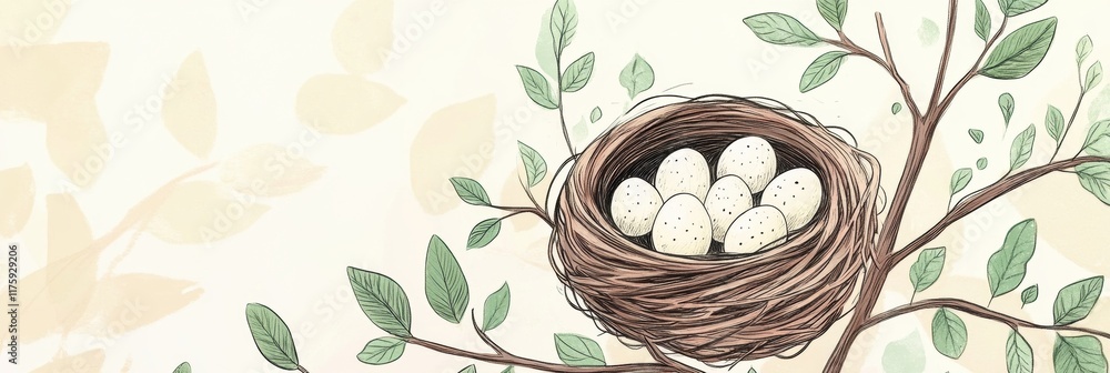 Poster Hand drawn doodle of a nest with speckled eggs resting on a tree branch in a serene natural setting. Generative AI