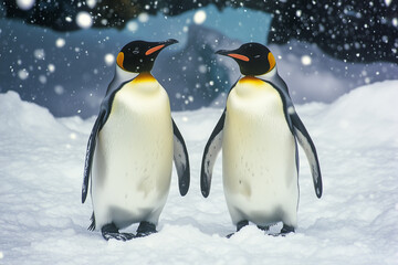 Fototapeta premium Two King penguins standing beak-to-beak, as if sharing a secret in the snow