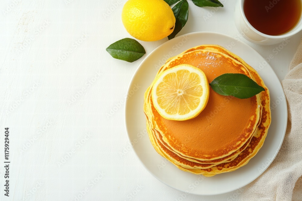 Aufkleber delicious lemon pancakes served on a plate with leaves and a slice of lemon on top. generative ai