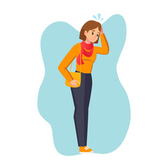 Cartoon woman in casual outfit. Young female character standing worried or forgets something. Student girl carrying a shoulder bag. face expression vector flat style