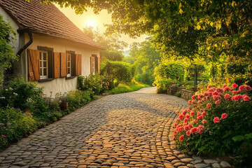 Obraz premium A cobblestone path leading to a charming country house with light wooden shutters