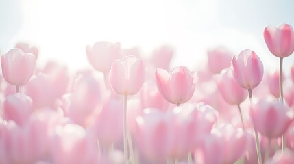Obraz premium A soft, blurred field of tulips with a clear, open sky for text 