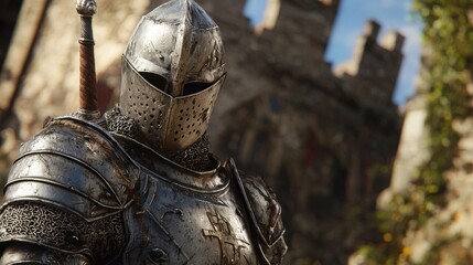 A medieval knight in full armor stands before a crumbling stone castle