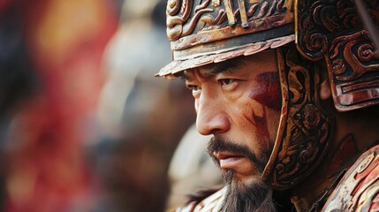 Fototapeta premium Close-up of a battle-worn Asian man, his face streaked with blood, gazing intently. The ornate helmet reflects the intensity of the scene.