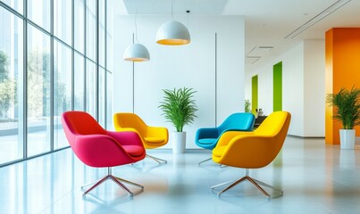 Colorful modern chairs in a bright office setting