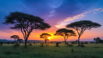 Obraz premium Beautiful jungle landscape at sunset, silhouette trees and exotic paradise sunrise, vibrant colors of the african sky at dawn and dusk, ideal for summer travel and adventure.