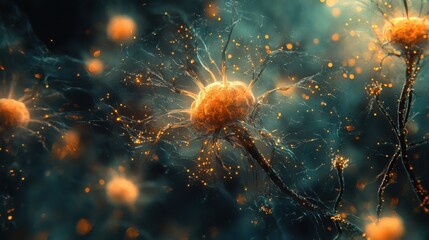 Fototapeta premium Intricate network of neurons firing, depicted in vibrant oranges and deep teal hues. A mesmerizing microscopic view of neural activity.
