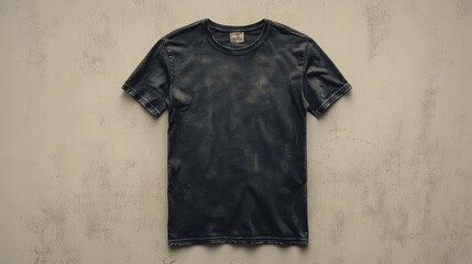 Dark-wash, short-sleeved crew neck t-shirt displayed against a neutral backdrop. The garment shows a faded, vintage look, adding a touch of casual style.