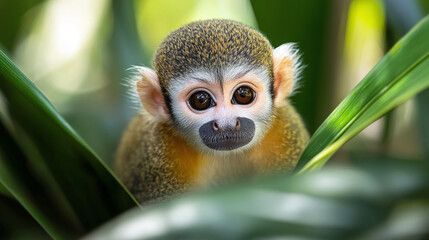 Obraz premium Monkey at the zoo park, an animal in its nature jungle habitat, sitting in a wildlife forest, as a primate and wild mammal, in a cute and tropical setting.