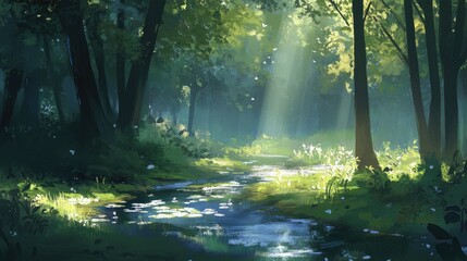 Obraz premium Sunbeams illuminate a tranquil forest stream, lush greenery, and tall trees.