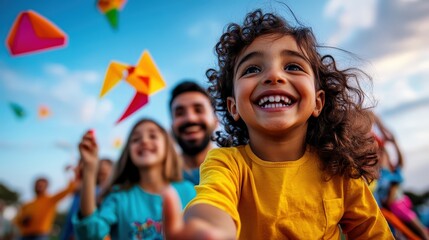 Fototapeta premium A group of joyful children flying colorful kites together under a vibrant summer sky, embodying the spirit of friendship, fun, and carefree moments during sunny days filled with laughter.