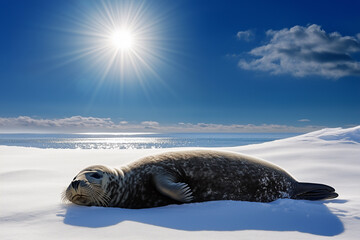 Obraz premium A Weddell seal basking under the Antarctic sun on a snow-covered beach, its round body and calm demeanor exuding relaxation