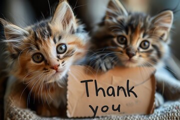 The text "Thank you" is used as a thank you sign. A note of gratitude is held by two adorable kittens. demonstrates appreciation, Generative AI.
