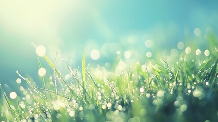 Obraz premium Blurred Dewy Meadow Scene with Clear Sky, Perfect for Text