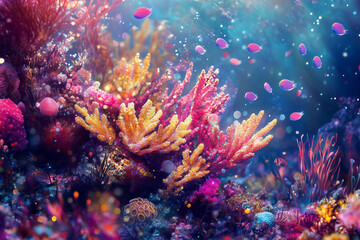 Fototapeta premium A vibrant cluster of cold-water corals growing on the ocean floor, surrounded by tiny marine creatures