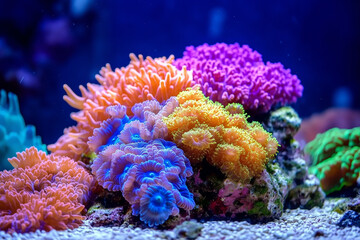 Fototapeta premium A vibrant cluster of cold-water corals growing on the ocean floor, surrounded by tiny marine creatures