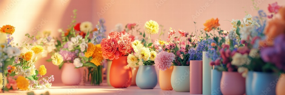 Aufkleber beautifully arranged colorful flowers in vases on a pastel background creating a cheerful atmosphere
