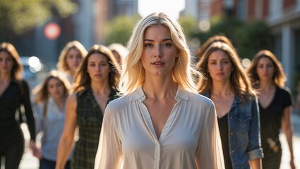 Confident woman leading a group of women on a city street