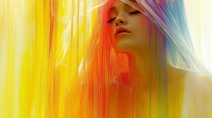 A woman in an artistic scene surrounded by vibrant yellow and orange abstract streaks, symbolizing creativity, expression, and emotional depth in a surreal atmosphere