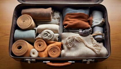 Compact Travel Packing-- A neatly arranged suitcase showing rolled clothing, travel-sized toiletries. Minimalist. Efficient. 