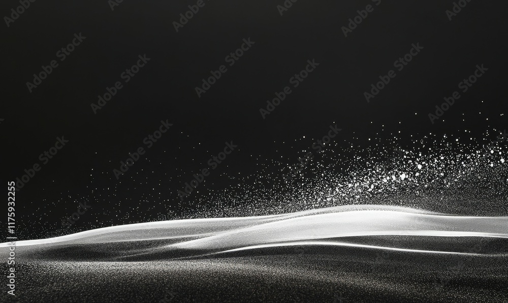 Poster gray black white glowing abstract gradient shape on black grainy background with minimal header desi