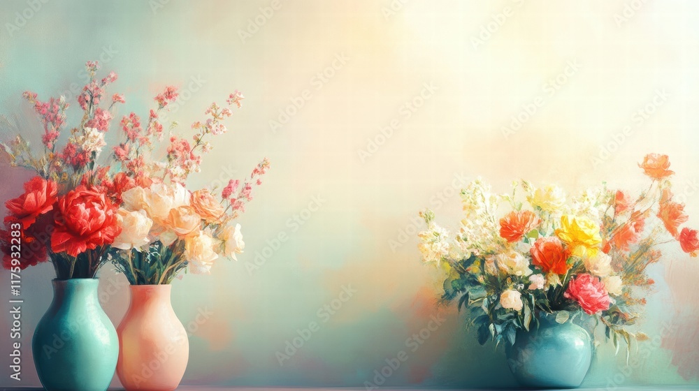 Aufkleber colorful floral arrangements in vases brighten up a soft pastel background in a tranquil setting. ge