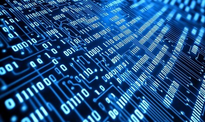 Obraz premium Digital Data Stream, Binary Code Flowing Over a High-Tech Circuit Board, Symbolizing Advanced Computing and Information Technology