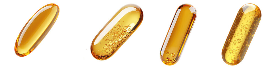 Falling fish oil pills isolated on transparent background, Set of