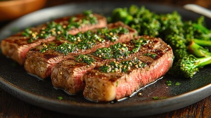A plate of grilled steak garnished with herbs and served with broccoli.
