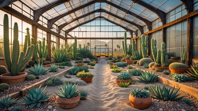 Greenhouse with desert cacti and succulents in natural sunlight