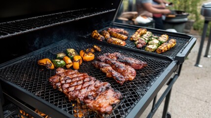Close-up of a grill sizzling with juicy ribs and colorful vegetables, exuding a smoky aroma as the chef tends the barbecue feast.