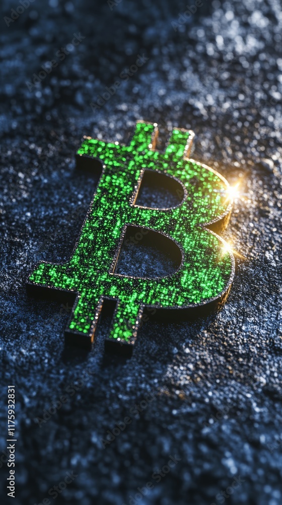 Aufkleber Green glowing bitcoin symbol made of digital data is laying on dark rough surface representing cryptocurrency and blockchain technology